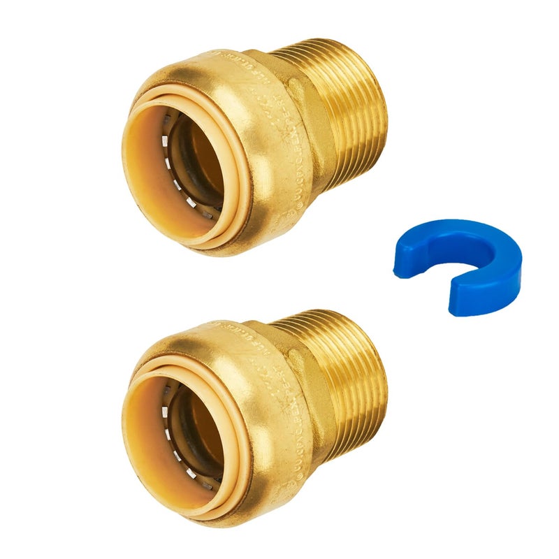 SUNGATOR 1-Inch by 1-Inch Push Fit Male Adapter, Straight Connector Plumbing Fitting, Push-to-Connect Copper, PEX, CPVC, No Lead Brass Pipe Fittings with Disconnect Clip (2-Pack) - Image 1